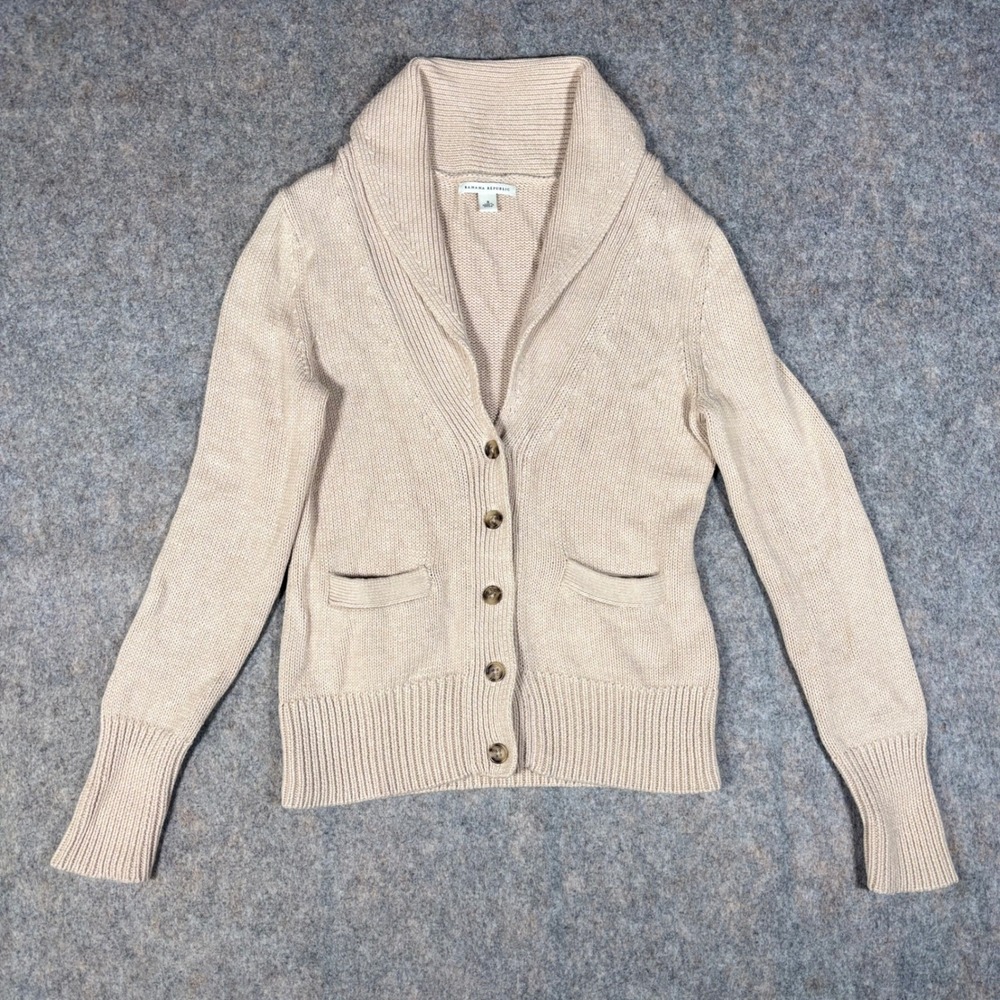 Banana Republic Cardigan Women S Tan Beige Shawl Collar 100% Cotton Knit Preppy